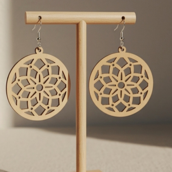 Round finished wood mandala earrings, personalized laser cut earrings 2.7 Inches - Picture 5 of 6